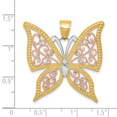 14K Two-Tone Gold Butterfly Pendant with White Rhodium Diamond-Cut Finish