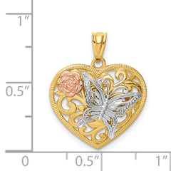 14K Tri-Color Gold Butterfly Heart Pendant with Polished Finish