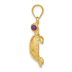 14K Gold Turtle Pendant with Ruby Eyes Polished & Textured Design