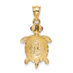 14K Gold Turtle Pendant with Ruby Eyes Polished & Textured Design