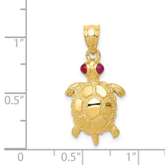 14K Gold Turtle Pendant with Ruby Eyes Polished & Textured Design