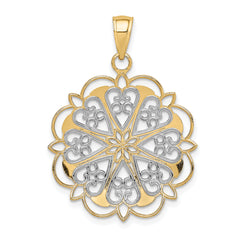 14K Gold Filigree Hearts Pendant with Rhodium Accents and Scalloped Edge