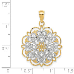 14K Gold Filigree Hearts Pendant with Rhodium Accents and Scalloped Edge