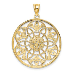 14K Gold and Rhodium Diamond-Cut Circle Pendant, Elegant Textured Design