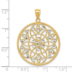 14K Gold and Rhodium Diamond-Cut Circle Pendant, Elegant Textured Design