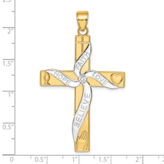 14K Gold & Rhodium Faith Hope Love Believe Cross Pendant Polished Solid Design