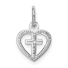 14K White Gold Cross in Heart Charm with Polished Rhodium Finish