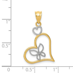 14K Gold Butterfly in Heart Pendant with White Rhodium Accents Polished Finish