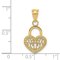 14K Gold Polished Filigree Heart Lock Charm Elegant Vintage Design