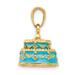 14K Gold 3D Aqua Blue Enameled Birthday Cake Pendant Polished, Gift Ready