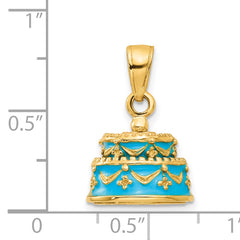 14K Gold 3D Aqua Blue Enameled Birthday Cake Pendant Polished, Gift Ready
