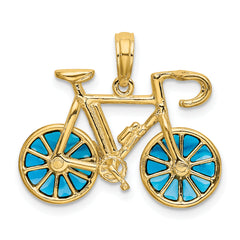 14K Gold 3D Blue Enameled Moveable Bicycle Pendant Elegant, Polished Finish