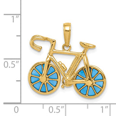 14K Gold 3D Blue Enameled Moveable Bicycle Pendant Elegant, Polished Finish