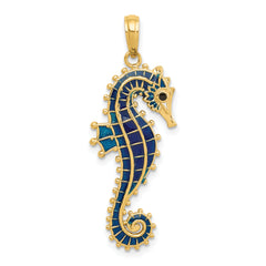 14K Gold 3D Blue Enameled Seahorse Pendant with Polished Finish