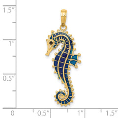 14K Gold 3D Blue Enameled Seahorse Pendant with Polished Finish