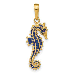 14K Gold 3D Blue Enameled Seahorse Pendant Polished, Textured Charm