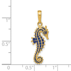 14K Gold 3D Blue Enameled Seahorse Pendant Polished, Textured Charm