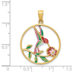 14K Gold Enameled Hummingbird and Flower Pendant with Polished Finish