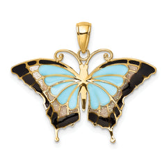 14K Gold Aqua Enameled Butterfly Pendant with Multi-Color Accents, Polished Finish