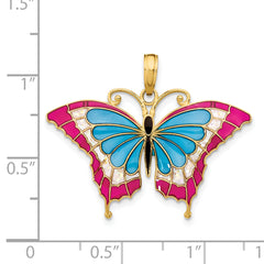 14K Gold Multi-Colored Enamel Butterfly Pendant Polished, Elegant