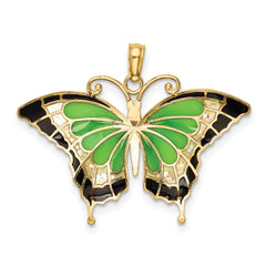 14K Gold Green Enamel Butterfly Pendant with Polished Finish