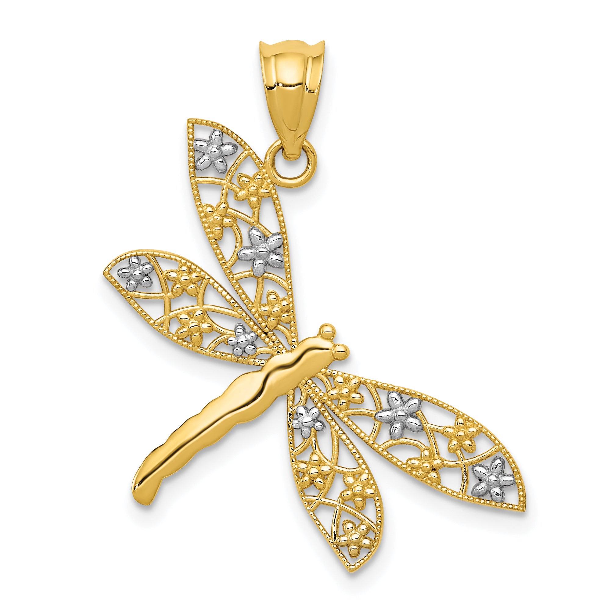 14k w/Rhodium Filigree Dragonfly Pendant