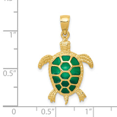14K Gold Green Enameled Sea Turtle Pendant Polished, Textured, Unique Design