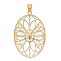 14K Gold Floral Medallion Pendant with Rhodium Accents, Polished Finish