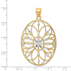 14K Gold Floral Medallion Pendant with Rhodium Accents, Polished Finish