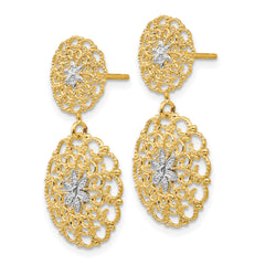 14K Gold & Rhodium Filigree Medallion Drop Earrings Polished, Diamond-Cut Design