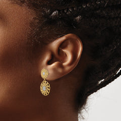 14K Gold & Rhodium Filigree Medallion Drop Earrings Polished, Diamond-Cut Design