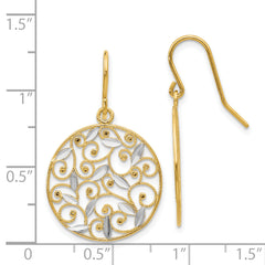 14K Gold Rhodium Filigree Drop Earrings with Diamond-Cut Design