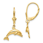 14K Gold Jumping Dolphin Leverback Earrings Solid, Elegant Dangle Design
