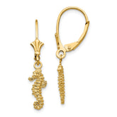 14K Gold Seahorse Leverback Earrings with Solid Cast Design, 31mm Dangle
