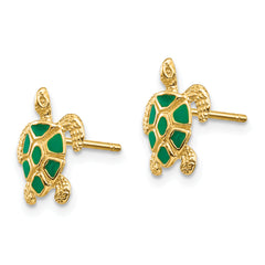 14K Gold Green Enameled Sea Turtle Earrings Polished and Elegant Design