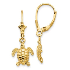 14K Gold Polished Sea Turtle Leverback Earrings  Elegant, 3D Design