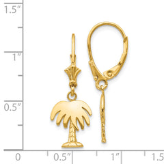 14K Gold Palm Tree Leverback Earrings Polished, Solid, Women's Dangle Design