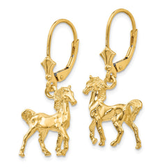 14K Gold Polished Leverback Horse Earrings Elegant 3D Design