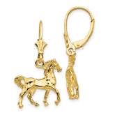 14K Gold Polished Leverback Horse Earrings Elegant 3D Design