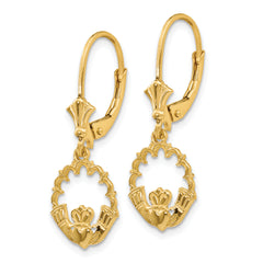 14K Gold Claddagh Drop Earrings with Polished Leverback Closure.