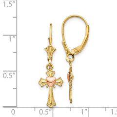 14K Two-Tone Gold Heart on Cross Leverback Earrings Elegant Polished Design for Women
