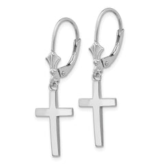14K White Gold Polished Cross Leverback Earrings with Rhodium Finish