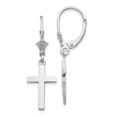 14K White Gold Polished Cross Leverback Earrings with Rhodium Finish