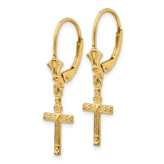 14K Gold Mini Cross with Heart Leverback Earrings Polished, Elegant Dangle Design
