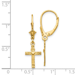 14K Gold Mini Cross with Heart Leverback Earrings Polished, Elegant Dangle Design