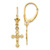 14K Gold Crucifix Leverback Dangle Earrings  Solid, Elegant Design