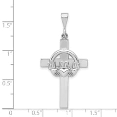 14K White Gold Claddagh Cross Pendant with Polished Rhodium Finish