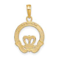 14K Gold Satin Diamond-Cut Claddagh Pendant with Flat Back Timeless Irish Symbol
