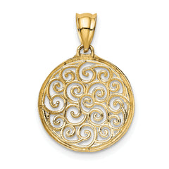 14K Gold Filigree Circle Pendant with Rhodium Accents Elegant and Polished Design
