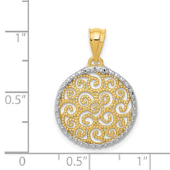 14K Gold Filigree Circle Pendant with Rhodium Accents Elegant and Polished Design